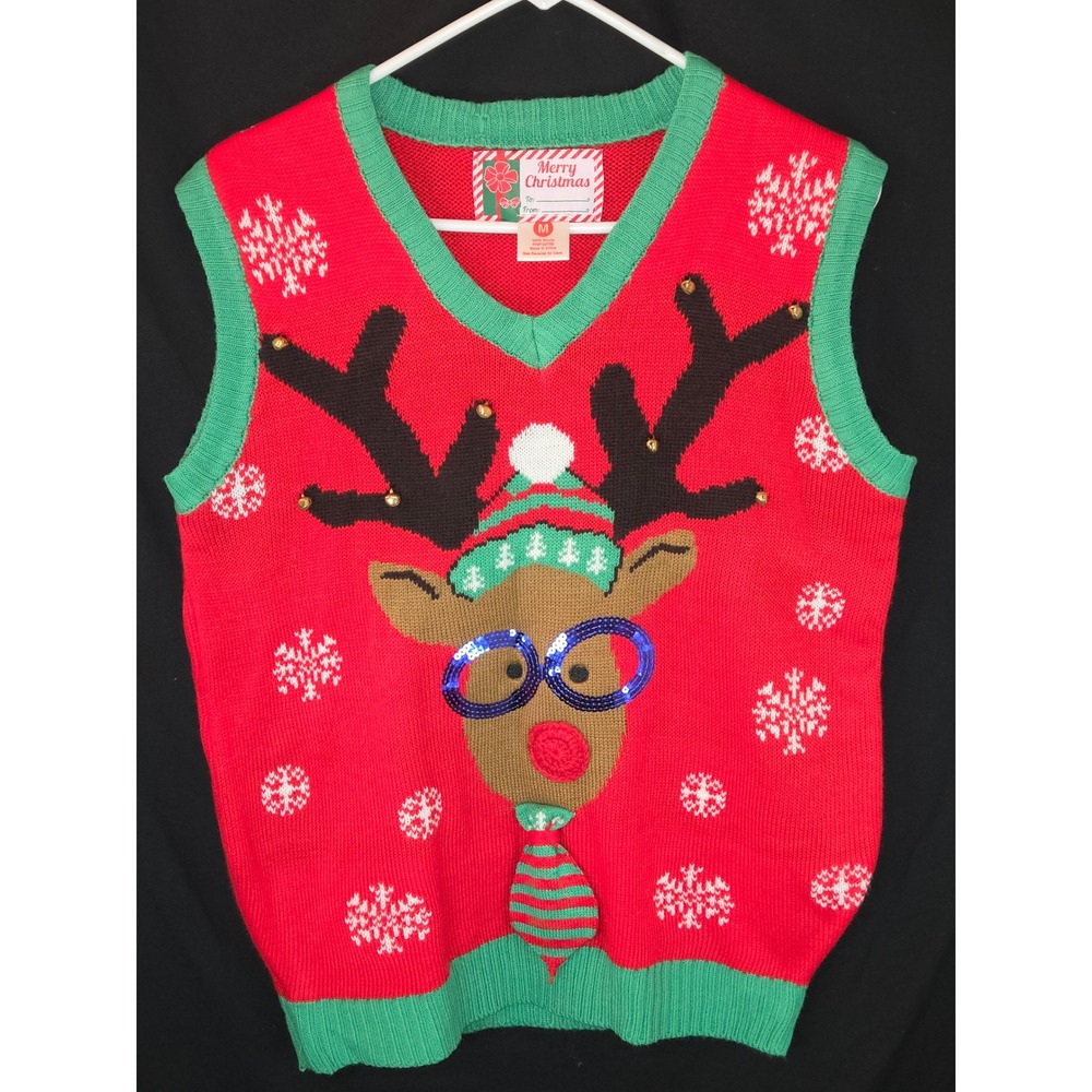 Womens Ugly Christmas Sweater Vest Red Reindeer Sequins Bells Size M